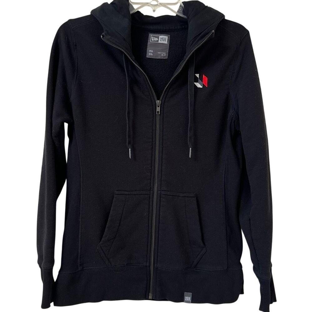 New Era Ladies, Small Full Zip Black Hoodie Pouch Pockets Draw Cord